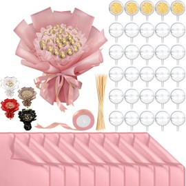 Funnymoom 71 Pcs DIY Chocolate Flower Bouquet Kit Graduation 2025 Candy Rose Clear Acrylic Lollipop Ball Holder Mother's Day Flower Wrapping Paper Ribbon Accessories Birthday Gift(Pink)