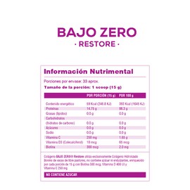BAJO ZERO Fórmula RESTORE+ COLÁGENO HIDROLIZADO que favorece la reparación y remodelación de las articulaciones, refuerza el tejido conectivo de tus huesos, cabello, uñas y piel. Adicionado con Vitamina D, Vitamina C y Biotina. 500 g. Rinde 33 porciones.