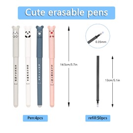 4 Pcs 0.35mm Cute Erasable Pens Black With 50 Pcs Refills and 2 Pcs Erasers Cartoon Design Erasable Gel Pens Rub Out Pens Black for Adult Kids Writing Bullet Journal Note Taking School Office Supplies