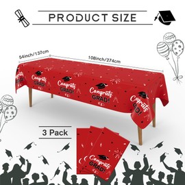 Slergut Red Graduation Tablecloth, 3 Pack, 54"x108" Plastic, Rectangular, Waterproof, Splash-proof, Colorfast, Congrats Grad Decorations, Graduation Party Supplies