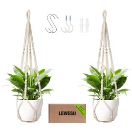 LEWESU Macrame Plant Hanger Indoor Set of 2 with 4 Hooks, Indoor Outdoor Hanging Planter for Plants Holder with Decorative Wood Beads & No Tassels, Boho Home Decor, 35 Inch Ivory (Pots Not Included)