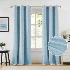 Melodieux Sky Blue Blackout Linen Curtains 63 Inch Length for Bedroom, Living Room 100% Light Blocking Grommet Curtains, Elegant Farmhouse Thermal Insulated Burlap Lined Drapes 42x63 inch, 2 Panels