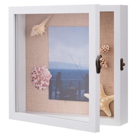 eletecpro 8x8 Front Opening Memorial Shadow Box Frame with Reinforced Glass and Linen Back, Horizontal & Vertical Display Case with Vintage Latch for Room Decor with Flowers, Wedding Pictures, White