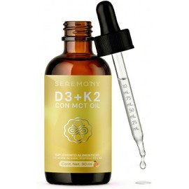 SEREMONY Vitamina D3 + K2 Con MCT Oil Aceite de Coco Orgánico Liposomal, 400 UI por Porción, 30 ml, Líquido en Gotas, Suplemento Alimenticio, Sin Azúcar, Sabor Naranja, Plant Based