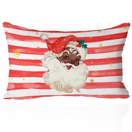 Retro Black Santa Christmas Pillow Cover 12x20 Inch, Vintage Red Striped Holiday Decorative Throw Pillow Case, Festive African American Santa Claus Cushion Cover for Couch, Sofa, or Bed(Red)