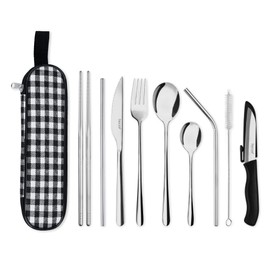 hecef Campingbesteck Set, 10 tlg Reisebesteck mit Etui, Wiederverwendbares 18/0 Edelstahl Besteck Set mit Klein Messer, Löffel, Gabel, Essstäbchen, Strohhalme, Reinigungsbürste& Bestecktasche, Silber
