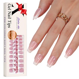 Gel X French Tip Nails Short Coffin French Tip Press on Nails SXVME White French Nail Tips 300Pcs Pre-applied Tip Primer Natural Pink Fake Nails Extensions Gel X Nail Kit for Women Girls DIY