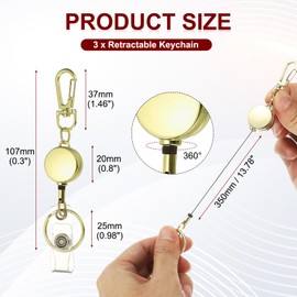 PATIKIL 3Pack Retractable Keychain, Metal Badge Reels Retractable Badge Holder Clips with Key Rings for Name Card Key Conferences Office, Light Gold(Round)