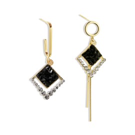 JeanBeau Asymmetric Black Rhombus Gold Drop Dangle Earrings for Women - Trendy Y2k Cool Ring Long Chain Statement Valentines Gift