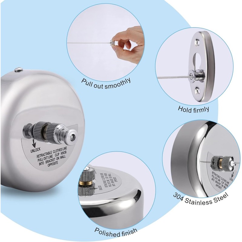 LinaLife 304 Stainless Steel Retractable Clothesline Indoor with 9.2FT Adjustable