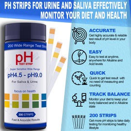 PH Test Strips for Urine & Saliva - 200ct Urine PH Test Strips for Humans, Fast & Accurately Track & Monitor Your pH Level (4.5-9.0ppm) in Seconds, Quick & Easy to Test Alkaline & Acid Levels in Body