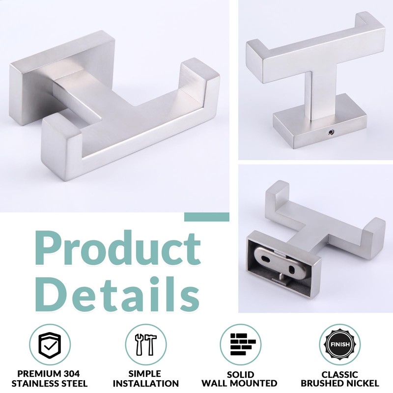 APLusee Square Double Towel Hook, 304 Stainless Steel Dual Coat