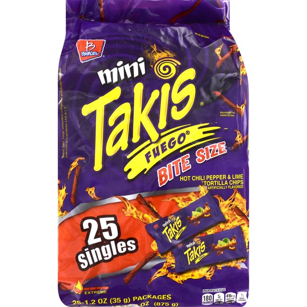 Barcel Mini Takis - Crunchy Rolled Tortilla Chips – Fuego Flavor (Hot Chili Pepper & Lime), 25 Individual Snack Packs (1.2 oz)