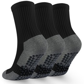 Kids Grip Soccer Socks Boys Basketball Crew Socks Cushioned Athletic Non Slip Socks Girls Running Sports 10-14 Years Youth 3 Pairs (Black, L)