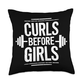 Curls Before Girls, Bodybuilder Weightlifting Gym Workout Throw Pillow