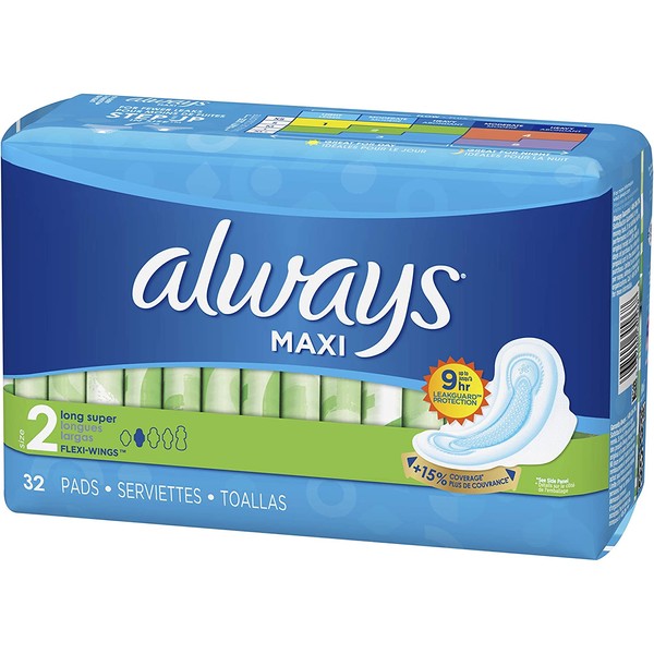 ALWAYS Maxi Size 2 Super Pads With Wings Unscented, 32 Count