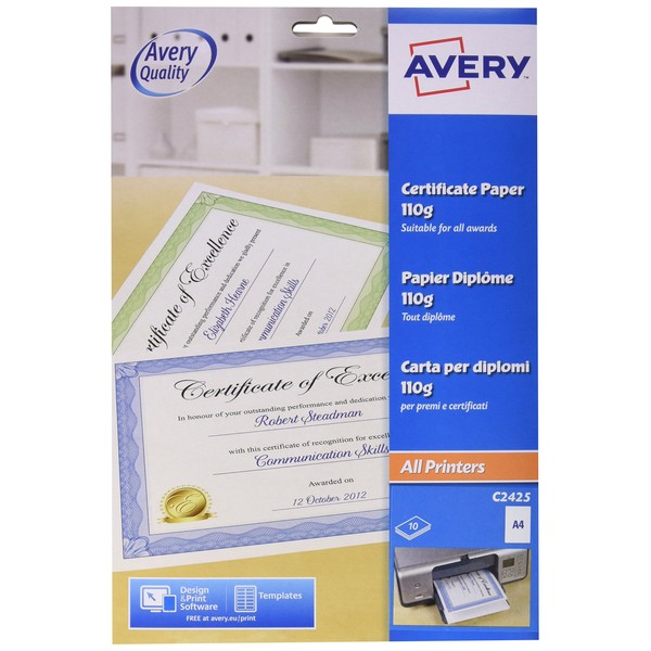 Avery UK C2425 A4 Certificate Paper, Blue Certificate Border, 10 A4 Sheets per Pack