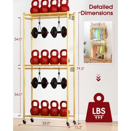 Sakugi Clothes Rack - 33.0" x 12.2" x 79.5" Clothing Rack with Shelves & Wheels, Multi-Functional Wardrobe Closet with Hooks, Sturdy Metal Garment Rack for Bedroom, Laundry, Balcony (Gold)
