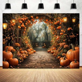 7 x 5 ft Autumn Backdrops Fall Stone Arch Leaves Pumpkin Leaf Path Scenery Photography Background Thanksgiving Yellow Flowers Seasonal Party Photo Studio Props