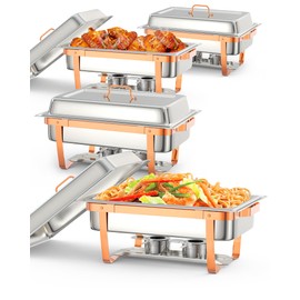Chafing Dish Buffet Set, 8QT 4 Pack, Rectangle Chafing Dishes for Buffet w/Lid Holder, Stainless Steel Chafer Food Warmers Servers with Spoon and Tweezers for Kitchen Party Banquet Dining, Rose Gold