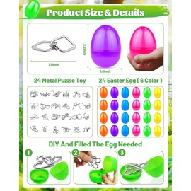 24 Pack Filled Easter Eggs with Metal Brain Teaser Puzzle Toys, Stress Relief Fidget Toys Brain Teaser Games for Kids Boys Girls Easter Basket Stuffers Fillers Gift