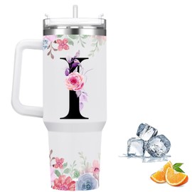 Thermobecher Personalisiert, Thermosbecher Kaffee to go Reisebecher mit Strohhalm,1.2l Edelstahl Trinkflasche Für Kohlensäurehaltige Getränke,Stylische Monogramm,Geschenke für Frauen und Männer(I)