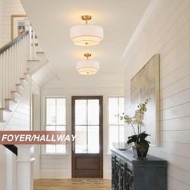 HPKVORP 16" Semi Flush Mount Ceiling Light, Gold 3 Light Double Drum Fabric Lampshade Lighting Fixture for Living Room, Bedroom, Dining Room, Kitchen, Hallway (Swivel Canopy for Sloped/Flat Ceiling)