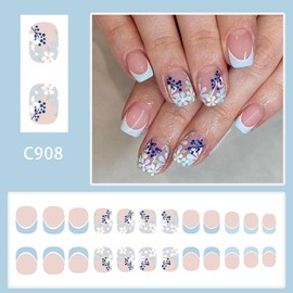 Short Press on Nails Square Cute Flowers Fake Nails Blue French Fake Nails Acrylic Nails with Blue Flowers Designs False Nails Glossy Glue on Nails Spring Summer Stick on Nails for Women Girls 24Pcs
