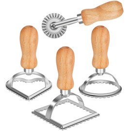 TACGEA Ravioli Stamp Maker Cutter with Roller Wheel (Set of 4), Wooden Handle and Fluted Edge, for Ravioli, Pasta, Dumplings Lasagna, Pierogi