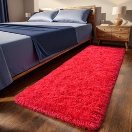 GREFFY Soft Runner Rugs for Bedroom, 2x6 Ft Hallways Modern Plush Red Shag Carpet, Non Slip Dorm Bedside Shaggy Rug for Living Room, Indoor Long Nursery Kids Girls Teen Room Aesthetic Home Decor