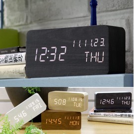 Pokanic Wood Digital Alarm Clock Desk Time, Date(MM/DD/YY), Day of The Week, Temperature, Nightlight Large LED Display Portable Lamp Bedroom, Office, School, Home, Livingroom, Room (Black)