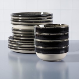 Sur La Table Kitchen Essentials Banquette 16 Piece Double Bowl Plates and Bowls Reactive Glaze Stoneware Dinnerware Set - Black