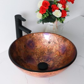 Lofeyo Small Bathroom Sink 17" Purple Glass Vessel Sink With Faucet And Drain Combo Modern Round Shape Artistic Basin Bathroom Vessel Sinks Above Counter Small 5" Deep Vessel Sinks LOF-BL33557