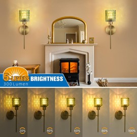 Vintage Battery Operated Wall Sconce Set of 2,Wireless Wall Lamp with Remote Control & Glass lampshape,12 Color Gold Wall Lights Rechargeable Battery Powered Wall Sconce for Bedroom Living Room