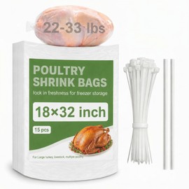 Feifeiya Extra Large Turkey Shrink Bags 15 Pcs 18x32 Inches Clear Poultry Heat Shrink Bags Freezer with Zip Ties，Straws for Family Turkey Chickens Rabbits Meat Storage