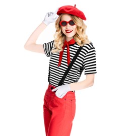 Zhanmai French Mime Artist Costume Set for Women Red Beret Sunglasses Neck Scarf Gloves Suspenders for Costume Party(L)