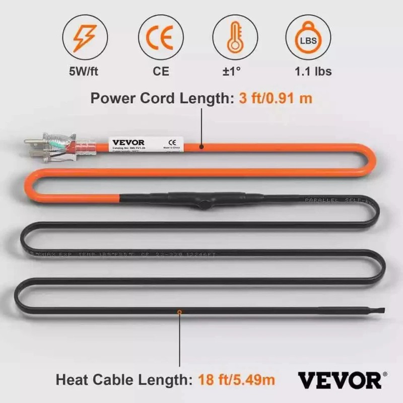 VEVOR 18 ft. Pipe Heat Cable 5W/ft. Self-Regulating Heat Tape