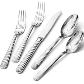 KINGSTONE 5-Piece Silverware Set, 18/10 Stainless Steel Flatware Set - Luxury Elegant Striped Cutlery with Dishwasher Safe, Durable for Family Dining, Catering, Weddings, Anniversaries Gift