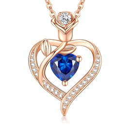 TUNGSTORY Women's Rose Heart Birthstone Necklace Rose Gold Sterling Silver Sapphire Heart Necklaces