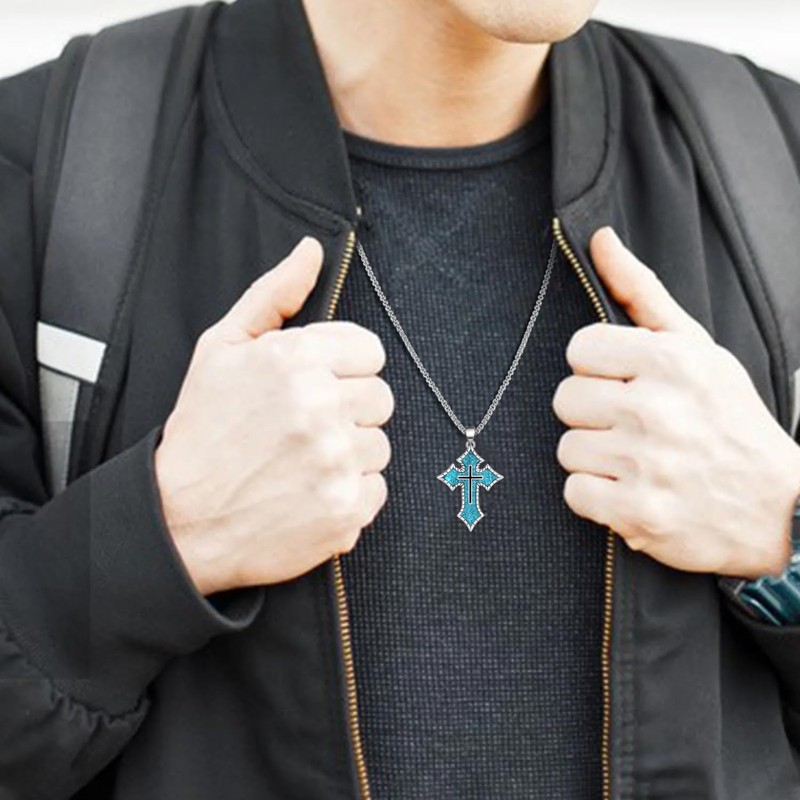 Hantuorui Turquoise Cross Necklace for Men 925 Sterling Silver Blue
