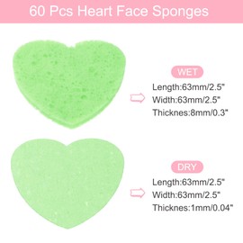 QUARKZMAN Pack of 60 Compressed Face Sponges Heart Shaped Facial Cleansing Sponges Pads for Daily Skin Care Routines at Home, Kitchen, Travel, Green
