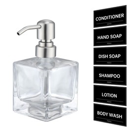 Rzoeox Hand Soap Dispenser Square with Brushed Nickel Pump, 8.4 oz Liquid Clear Glass Soap Dispenser with Stainless Steel Pump for Dish Soap Bathroom Kitchen Vanity Countertop
