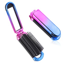 Mini Travel Hair Brush, Small Foldable Hairbrush Compact Hair Brush with Mirror and Round Tip Nylon Bristles for Women and Men, Portable Pocket Size Comb for Car Gym Bag Purse Locker (Gradient Color)