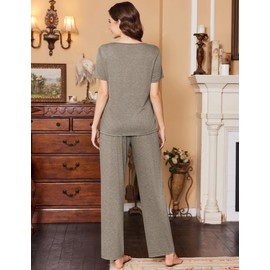 Ekouaer Women's Pajamas Set Soft 2 Piece Lounge Sets V-neck Sleepwear Short Sleeve Top Pants with Pockets Moon Gray Medium