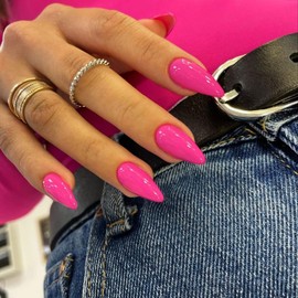 KQueenest 48 Pcs Almond Press on Nails Medium Length, Press on Hot Pink Nails,Solid Vibrant Color, Medium Fake Nails Acrylic, Stiletto Nails Glue on, Gel Stick on Nails for Women Finger Decoration