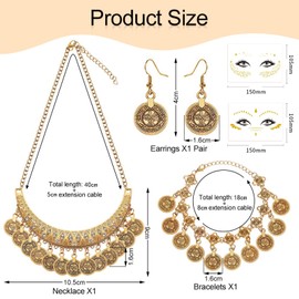 NATOSU Set of 4 Fortune Telling Jewellery Set, Indian, Gypsy Costume Accessories, Gold Vintage Coin Jewellery for Pirates, Belly Dance Dress Up, Boho Style for Women and Girls