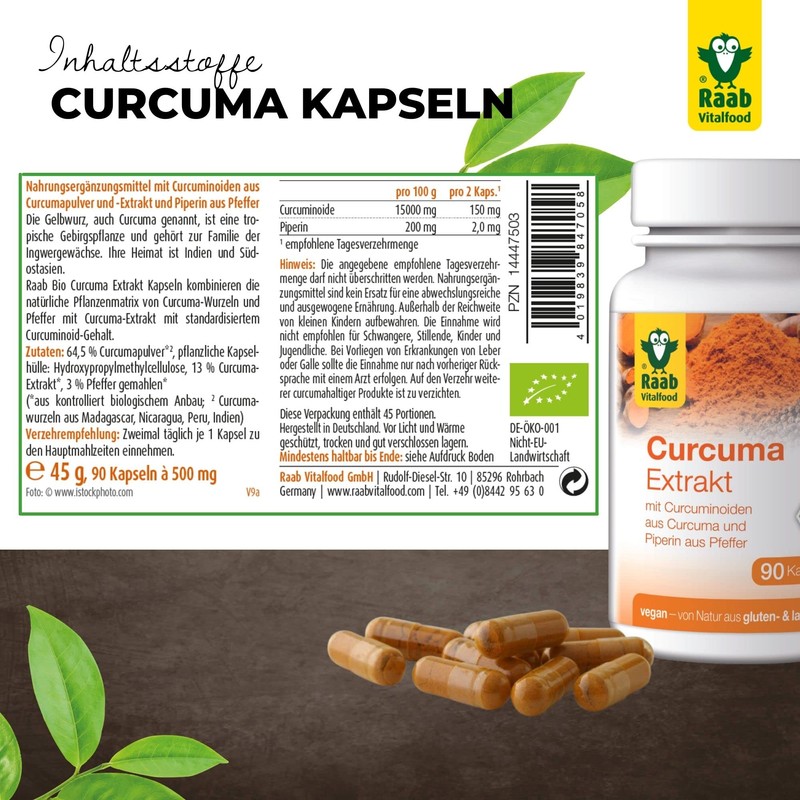 Raab Vitalfood Organic Curcuma Extract Capsules, 90 Capsules of 500