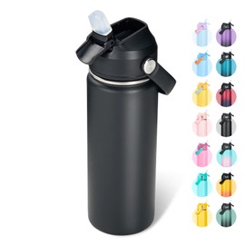 Fijinhom 18oz Insulated Stainless Steel Water Bottle, Wide Mouth Double Wall Vacuum, Silicone Straw, Sweat & Leak Proof, BPA Free Insulated Water Flask for Travel, Keep Cold 24h Hot 12h, Black
