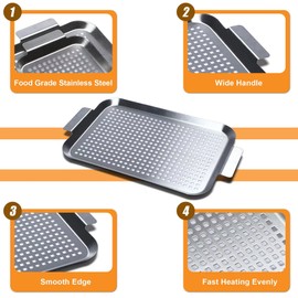 Cook Time COOK TIME Grill Pan Set of 2, BBQ Grill Topper for Outdoor Grill, Stainless Steel Grilling Baskets with Holes and Handles, Perforated Food Tray Barbecue Accessories for Vegetable, Fish, Meat, Seafood