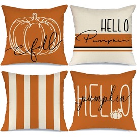 Fall Decor Pillow Covers 18x18 Inches Set of 4 Hello Pumpkin Orange Stripes Fall Pillow Case Decorative Throw Pillows Rustic Farmhouse Orange Thanksgiving Cushion Case for Couch Sofa (Fall Decor)